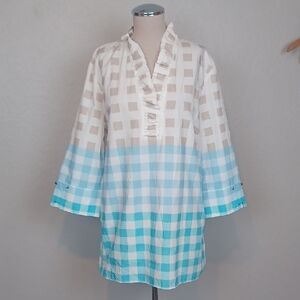 Ming Wang Ruffle V-Neck Gingham Cotton Poplin Blouse NWT